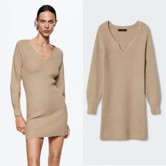 mango knit cotton blend dress Mango Seeds Knitted Perkins Neck Dress, Medium Brown